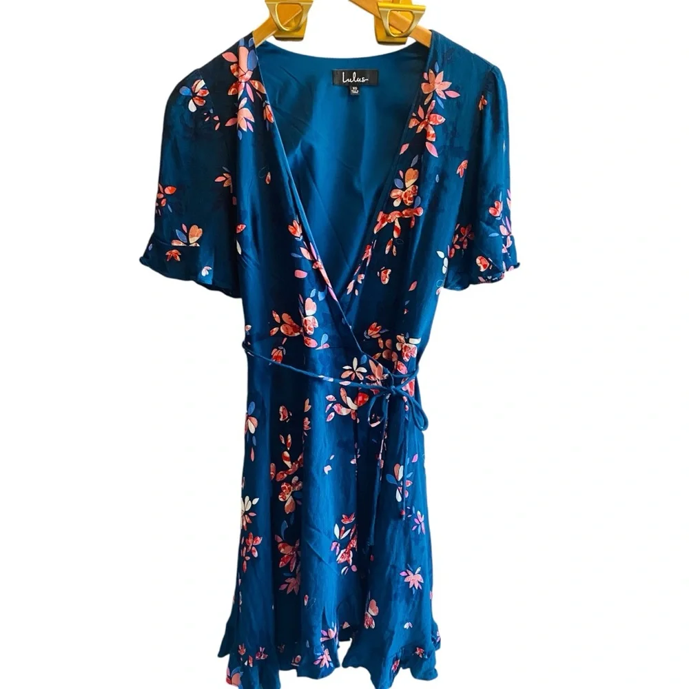 Lulus Dalton Teal Blue Floral Print Ruffled Wrap Dress - Picture 2 of 7